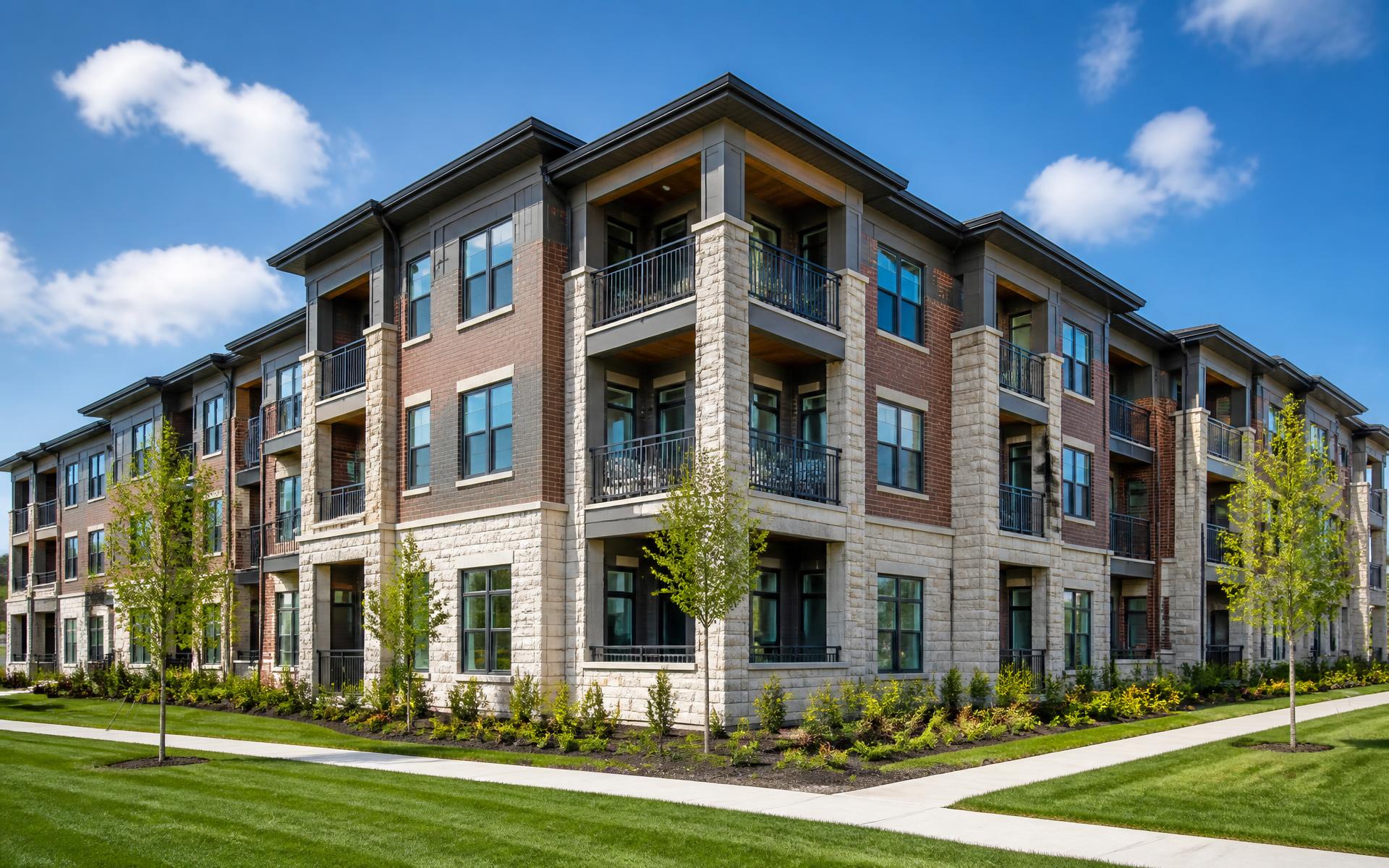 Daytime view of a multifamily apartment community with green lawns in Houston, Texas
